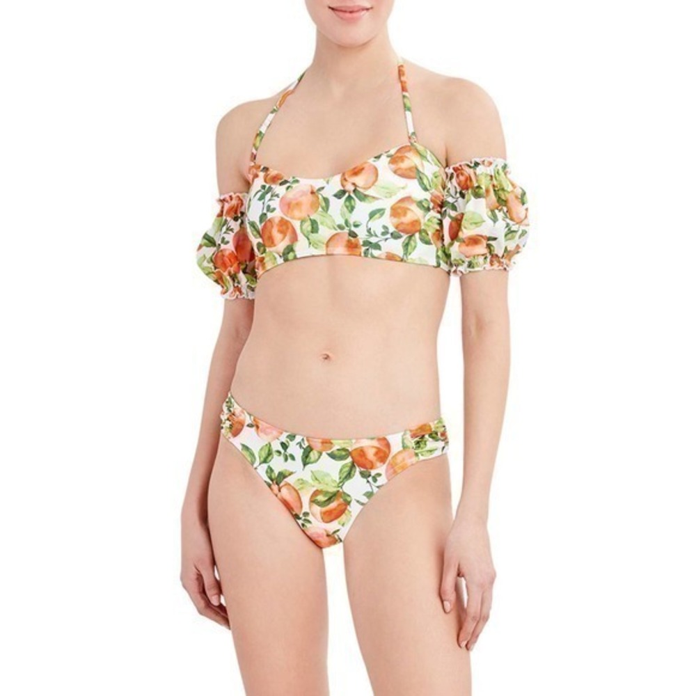 BCBG Paris Women's Poof Sleeve Bikini Top white with orange novelty print large